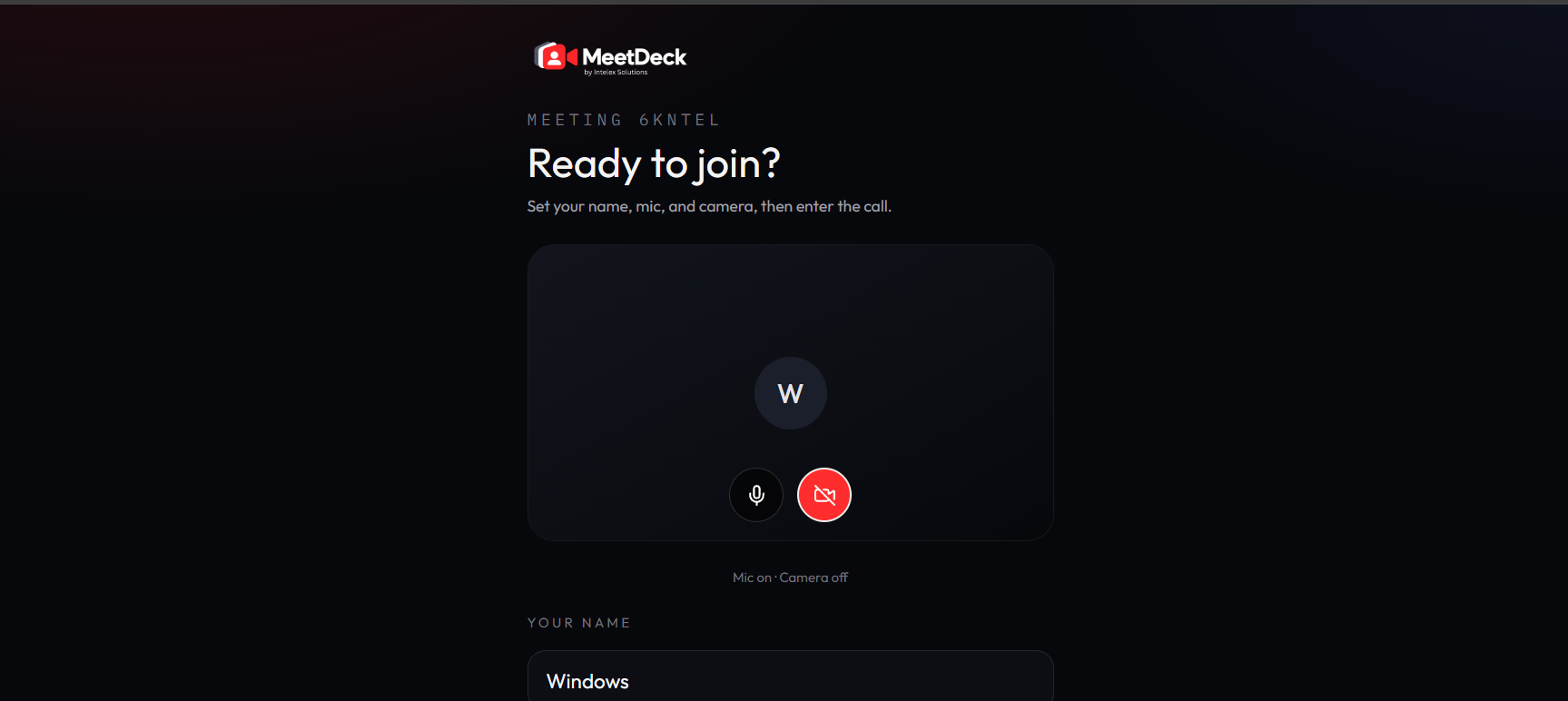 MeetDeck pre-join screen with camera preview and name field