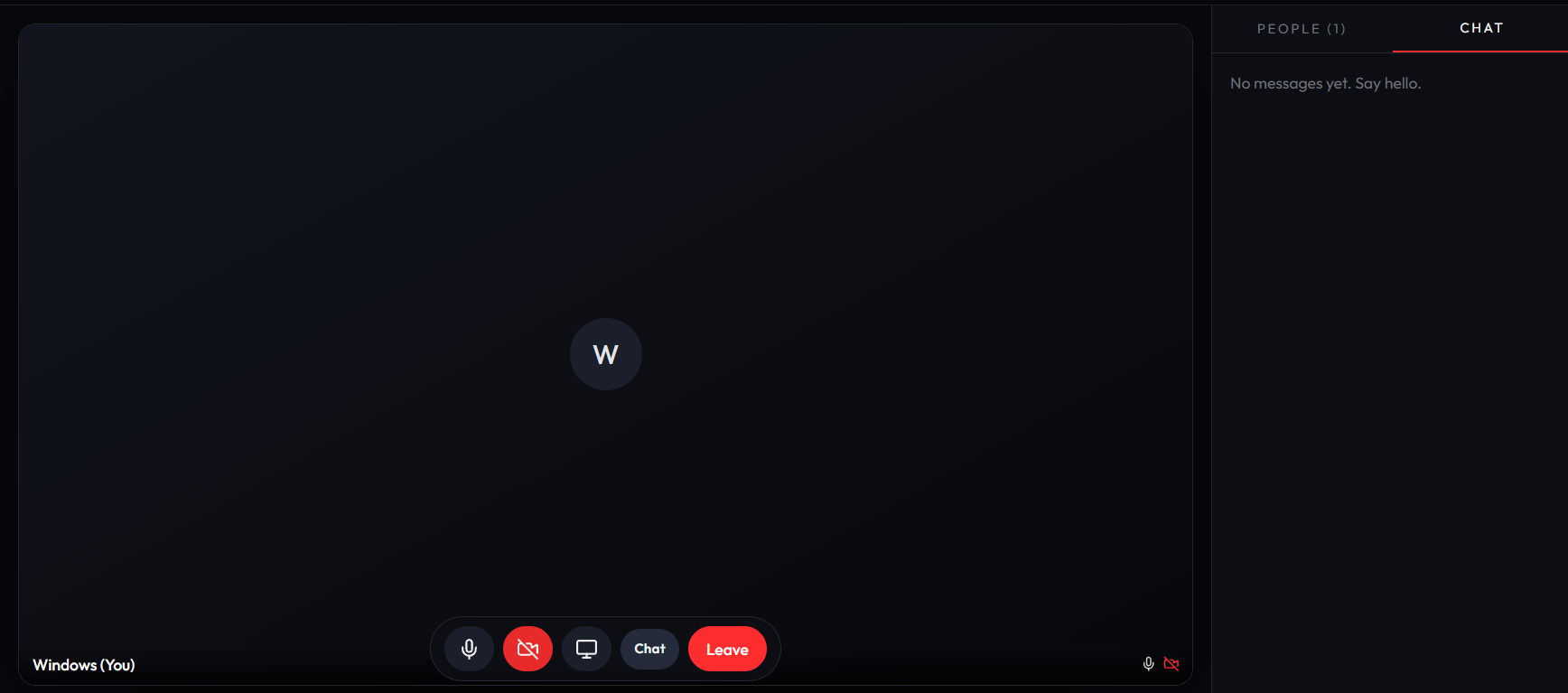 MeetDeck active call with video, controls, and chat panel